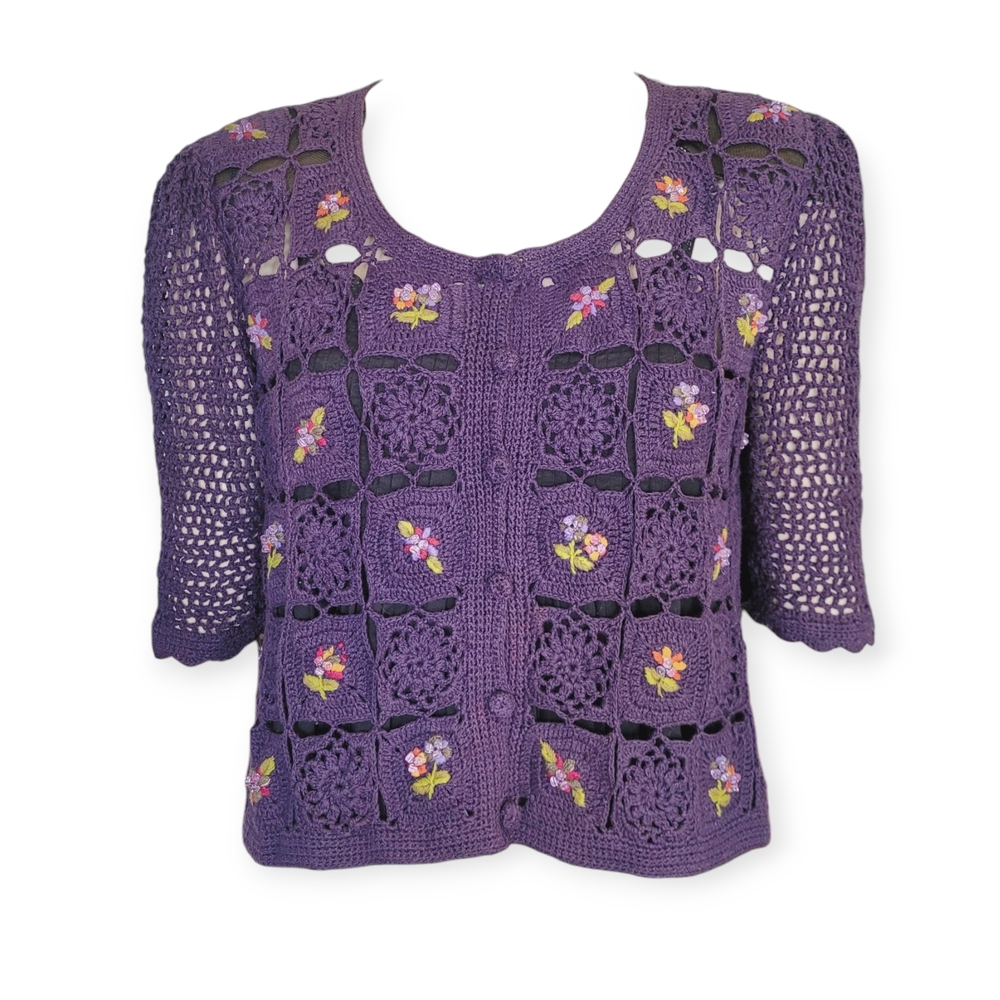 Vintage Crochet Cardigan Embroidered Beaded Floral  Cottagecore Fairycore Medium